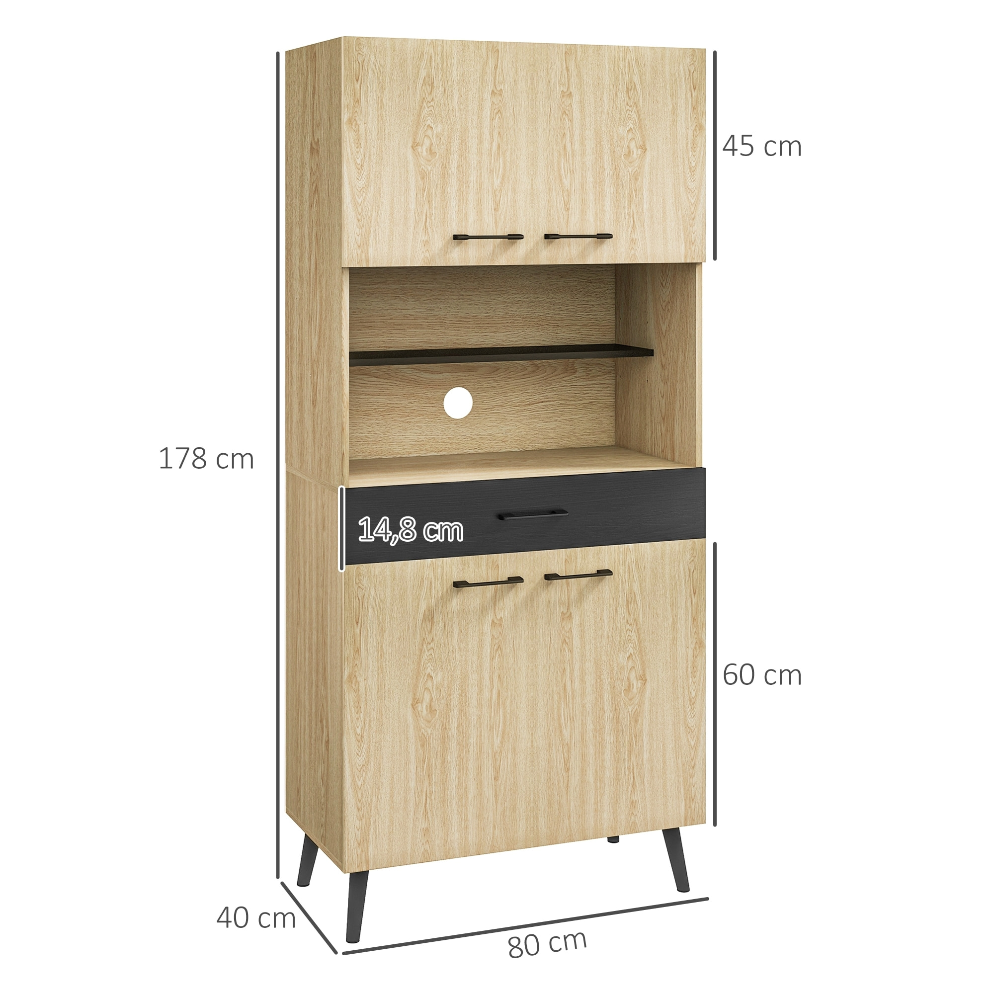 Buffet haut design industriel - 4 portes, 3 étagères, tiroir, niche - métal panneaux noir chêne clair