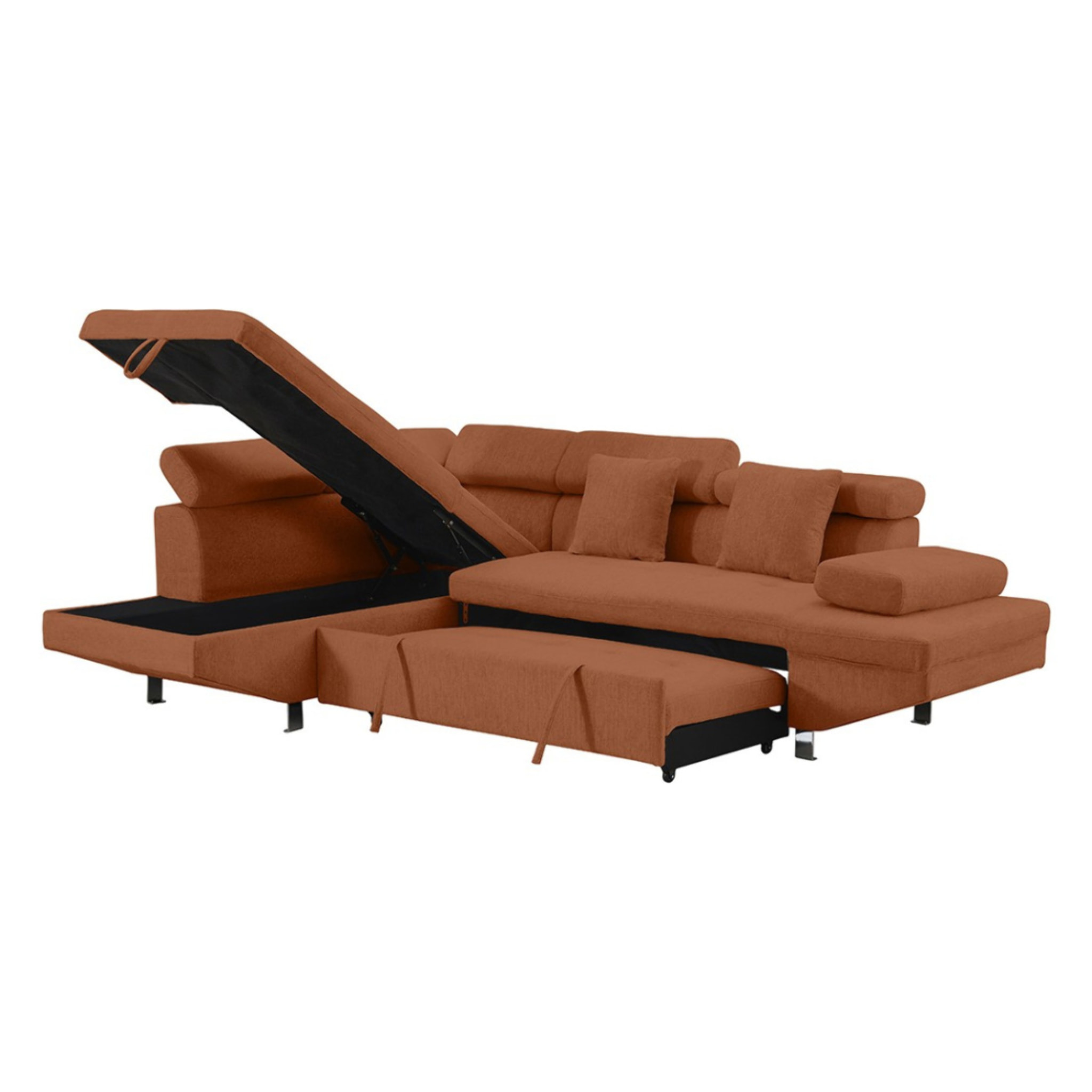 Margaux - Canapé d'angle gauche 5 places convertible avec coffre et têtières réglables en velours texturé - Terracotta