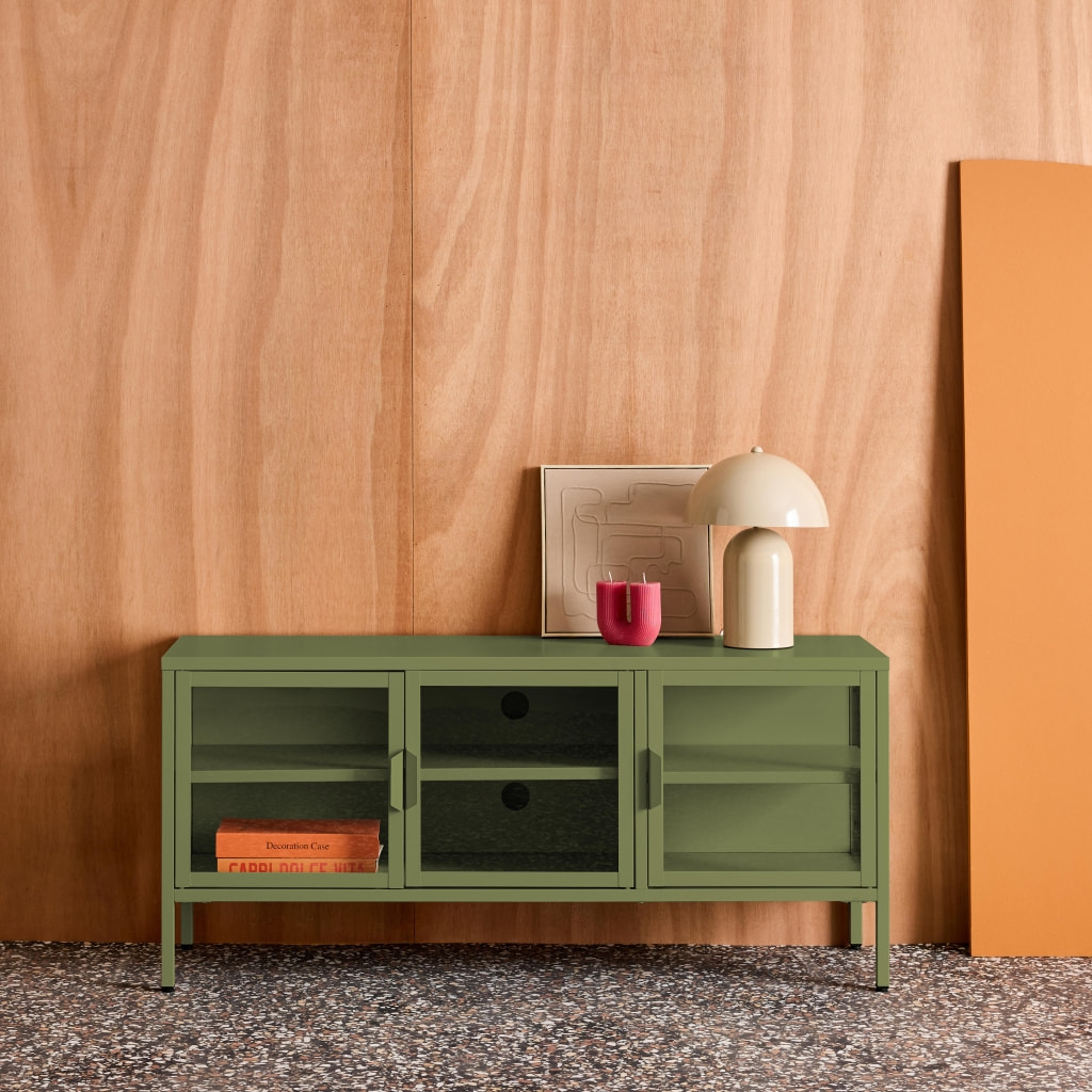 Meuble TV industriel métal et verre trempé 3 portes 120cm ARKANSAS