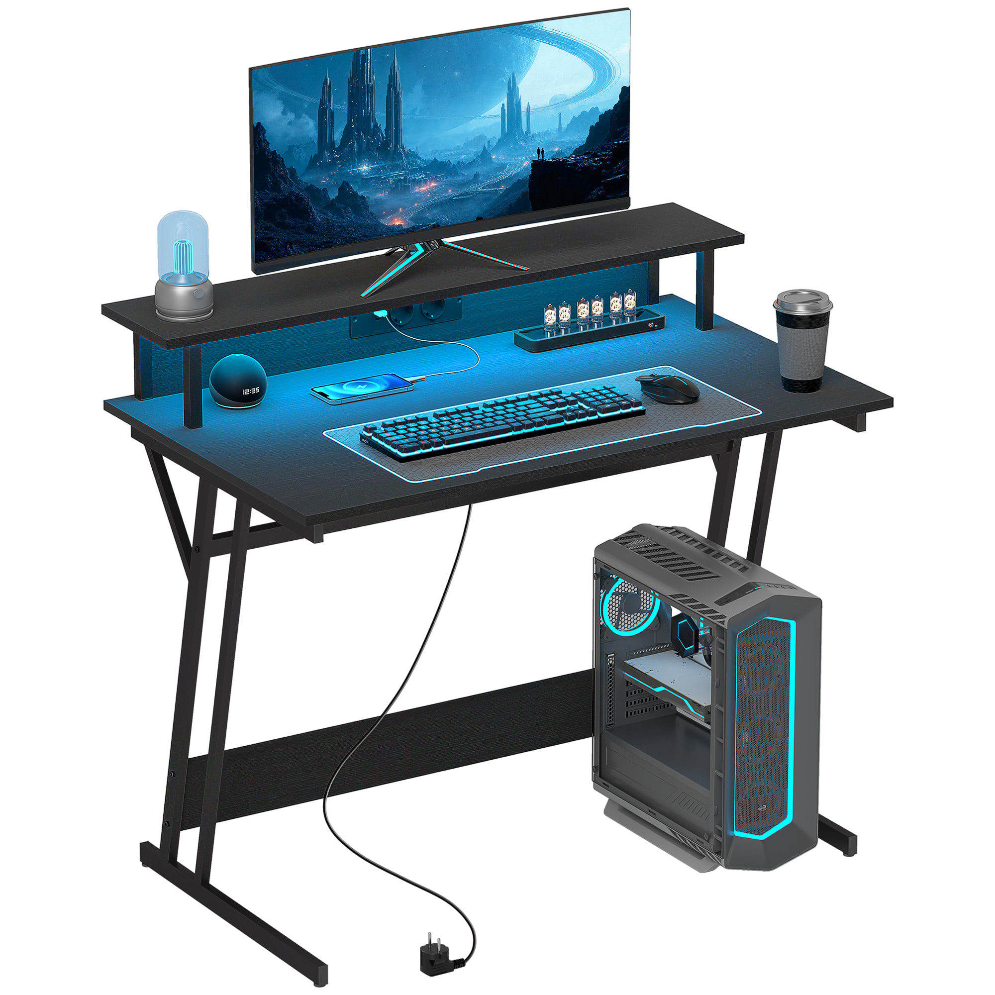 Mesa Gaming con Luces LED, 100x60 cm, Escritorio Gaming, Mesa Gamer con Tomas de Corriente, Soporte para Monitor, Estantes y Control Remoto, para Oficina, Estudio, Negro