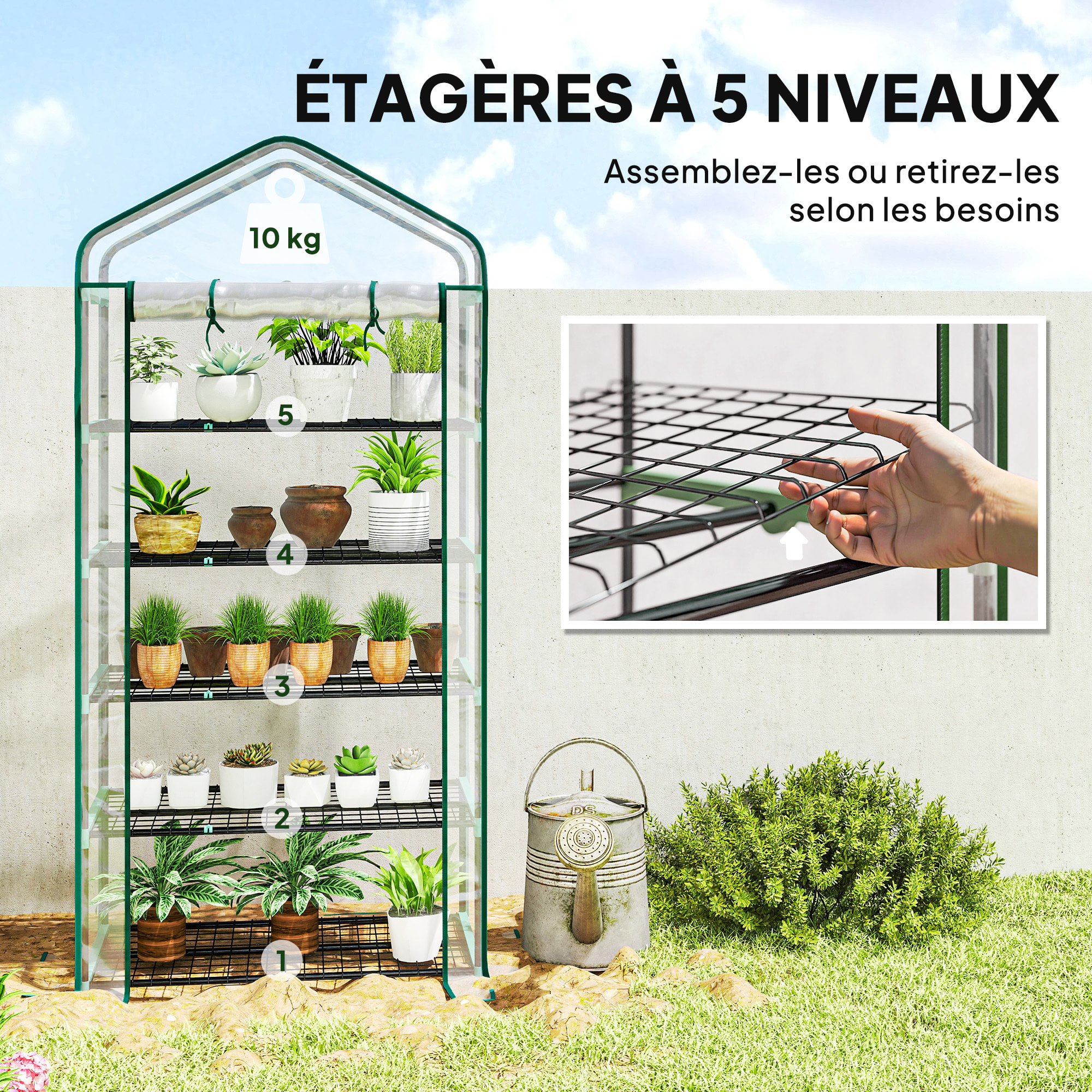 Serre de jardin balcon 5 niveaux porte acier PE transparent