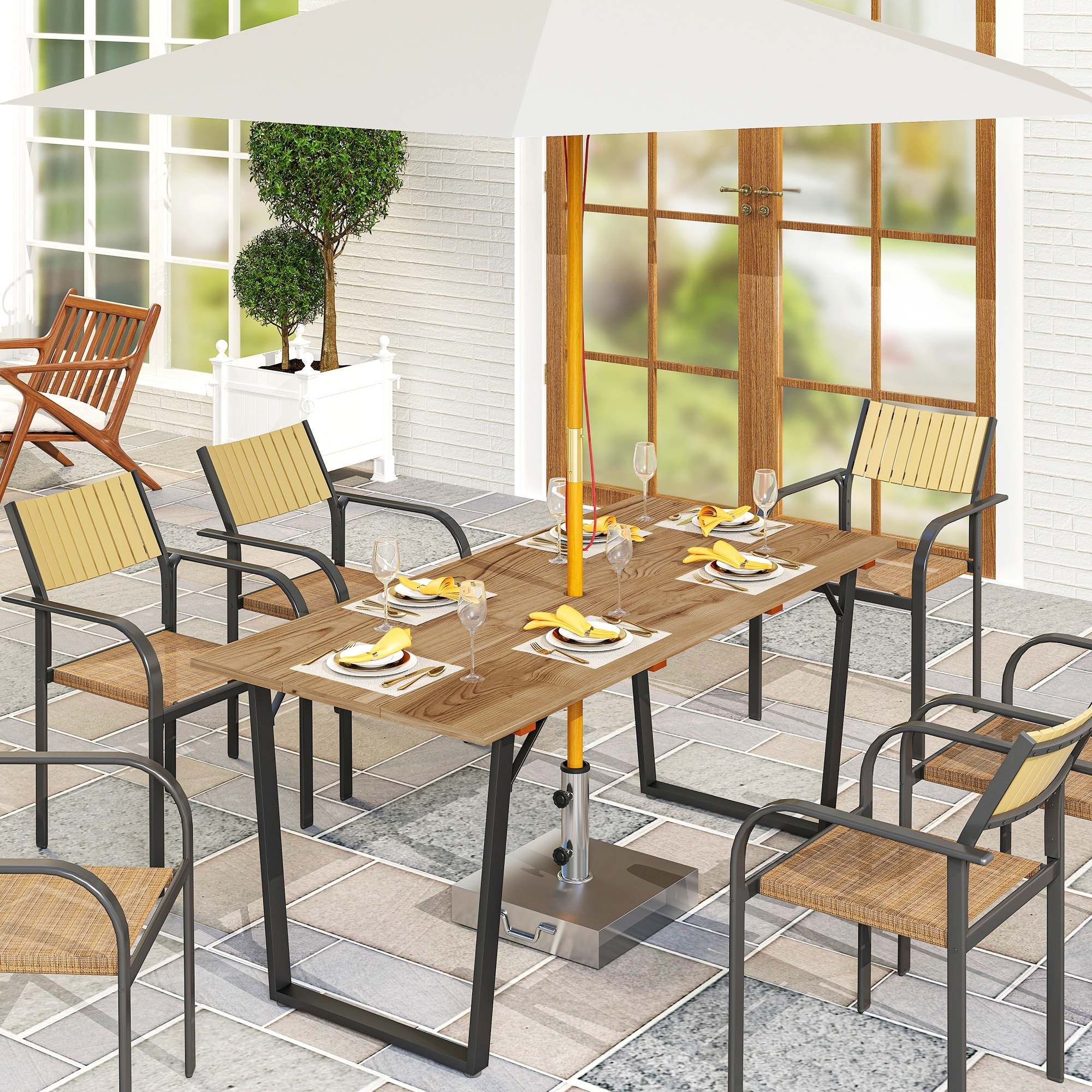 Mesa Comedor de Jardín de Madera Rectangular Mesa de Terraza Exterior 175x80x75 cm con Orificio para Sombrilla Estructura de Acero y Encimera de Listones para Patio Balcón Natural