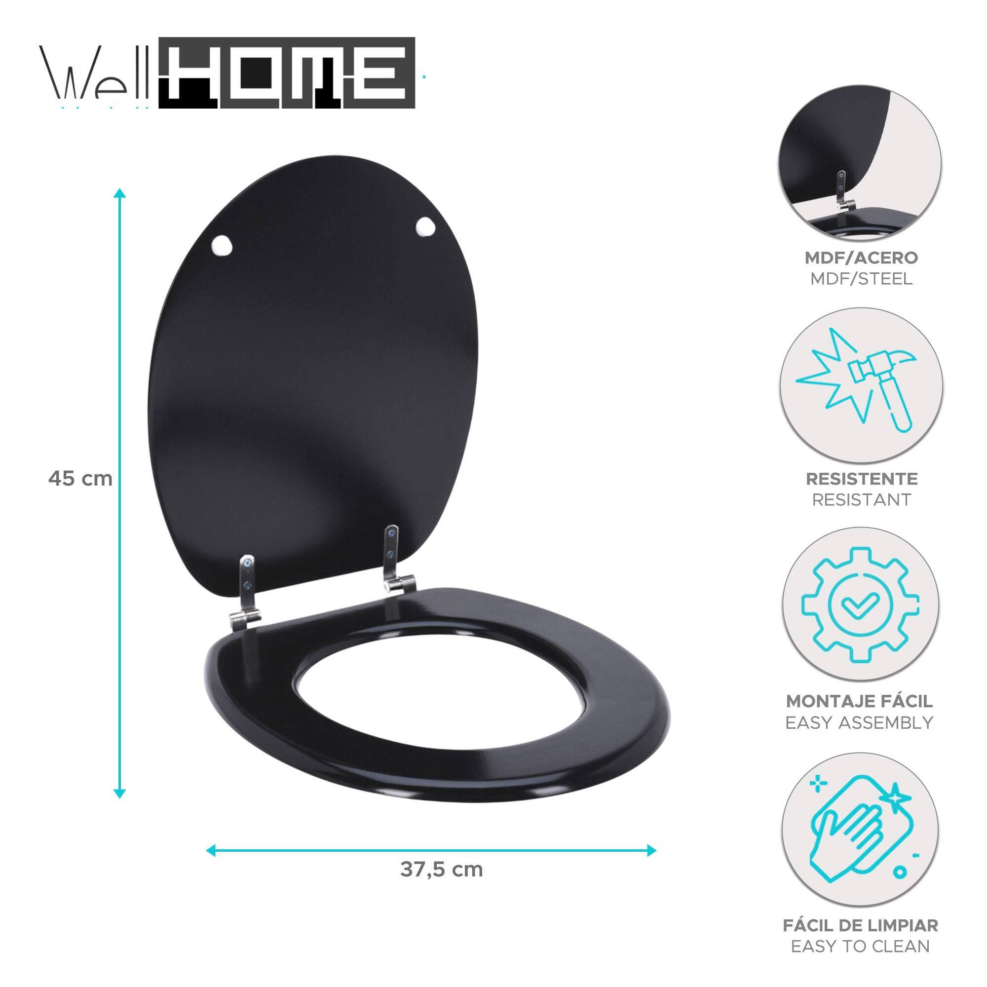 Well home asiento de inodoro mdf con tapa y bisagras de acero inoxidable color negro 37,5x5,5x45cm