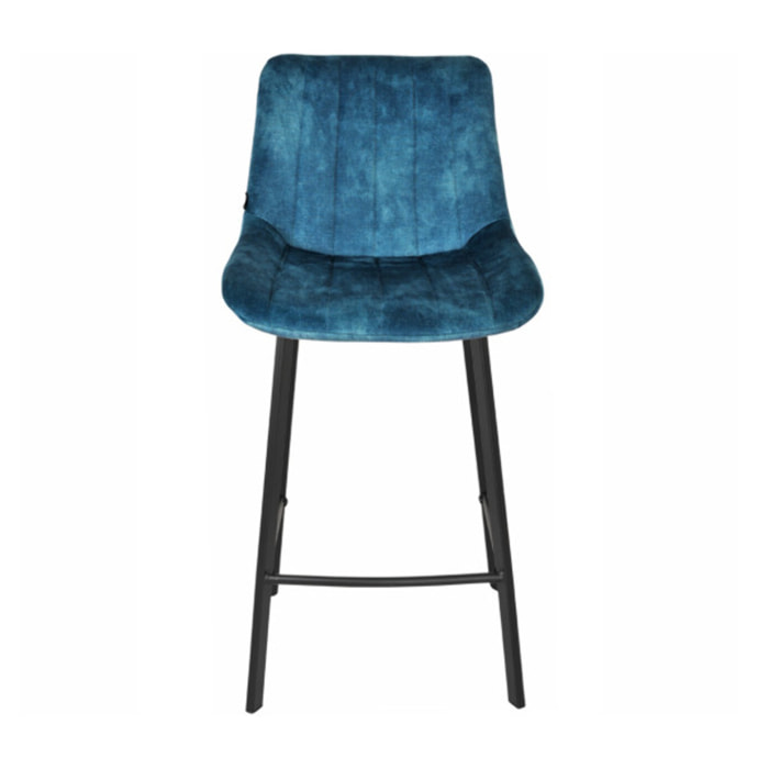 Tabouret de bar rembourré et capitonné en velours bleu canard EMMA 2