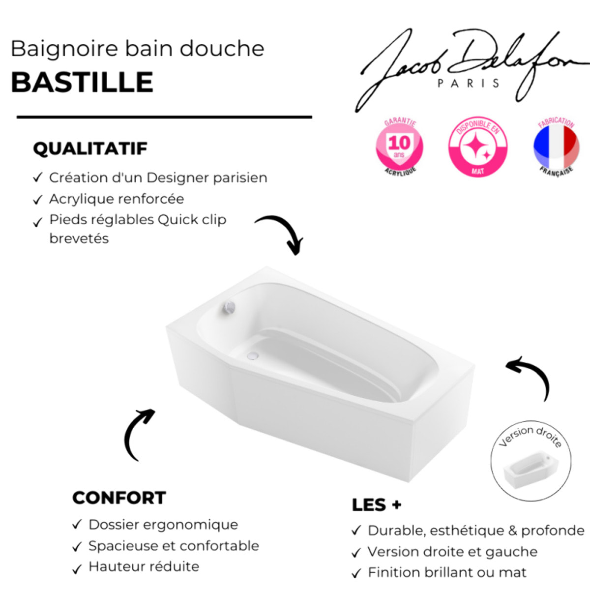 Pack baignoire bain douche 170 x 90 Bastille vidage à gauche blanc brillant + tablier en niche