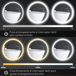 Espejo de Baño con Luces LED Ajustable Ø60 cm Espejo para Baño Redondo con Antivaho Función de Memoria e Interruptor Táctil para Salón Entrada Plata