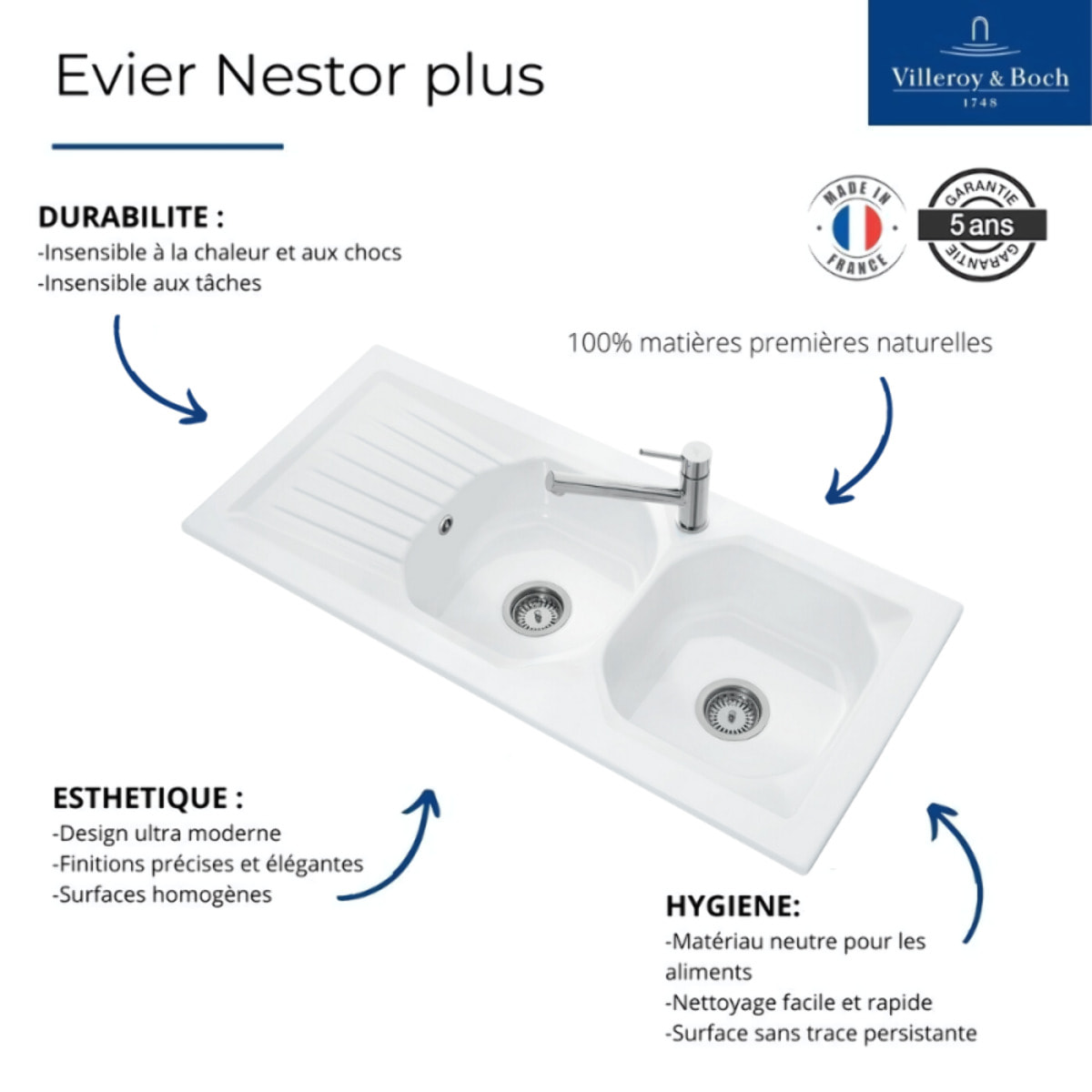 Evier céramique à encastrer 2 bacs 113x51cm Nestor plus