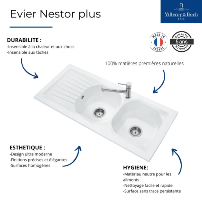 Evier céramique à encastrer 2 bacs 113x51cm Nestor plus