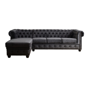 William - canapé Chesterfield d'angle gauche - 4 places - en velours - Gris foncé