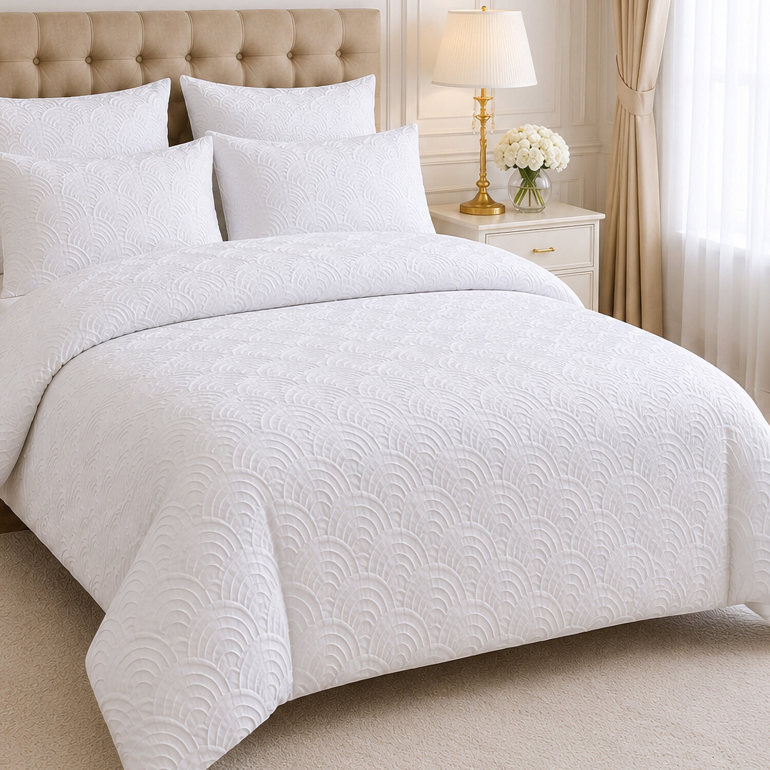 Parure housse de couette 100% microfibre jacquard effet éventails blanc - TILA
