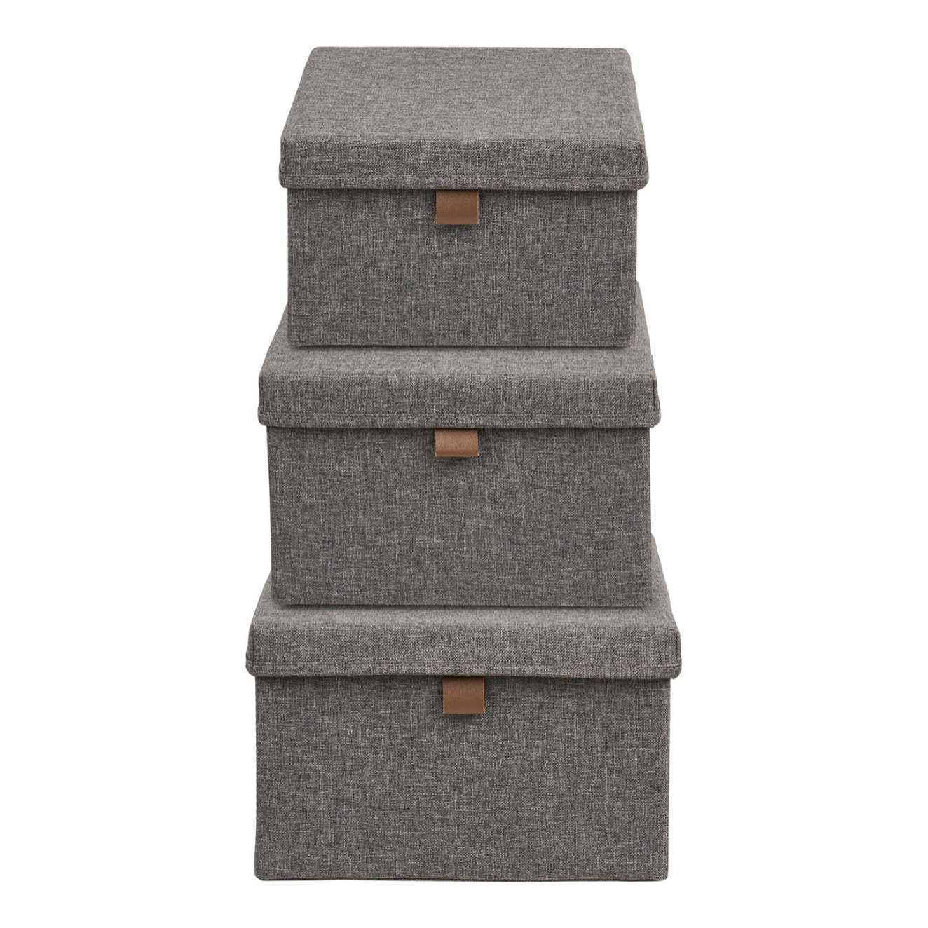 Set 3 scatole Noto in tessuto grigio scuro con coperchio e linguetta in ecopelle