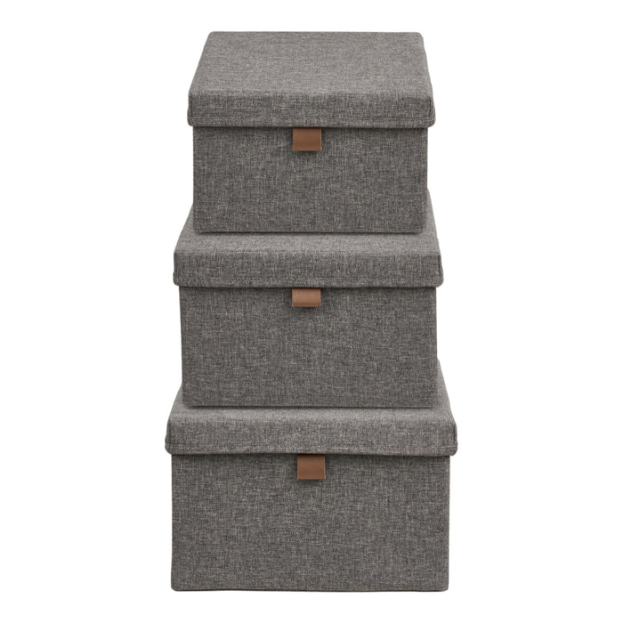 Set 3 scatole Noto in tessuto grigio scuro con coperchio e linguetta in ecopelle