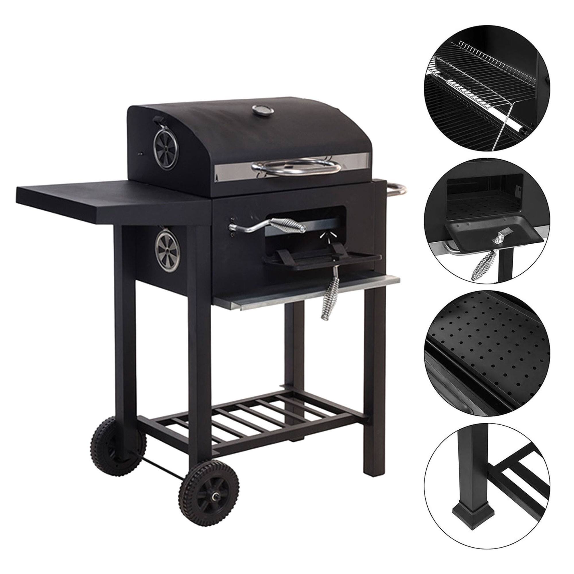 Well home - barbacoa de carbón color negro con doble parrilla y mesa auxiliar h.96cm