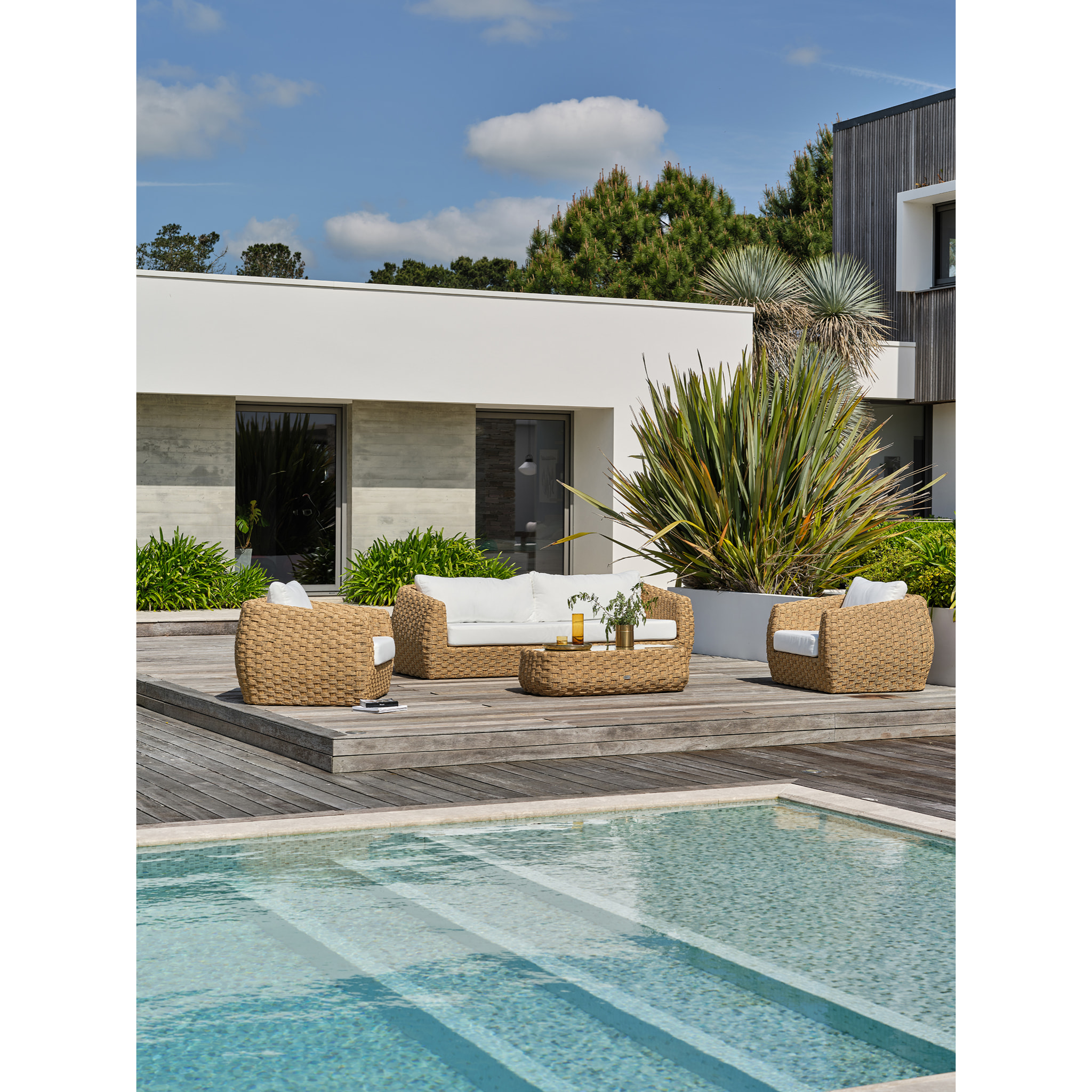 RAMATUELLE - Salon bas de jardin 5 places en aluminium et résine tressée