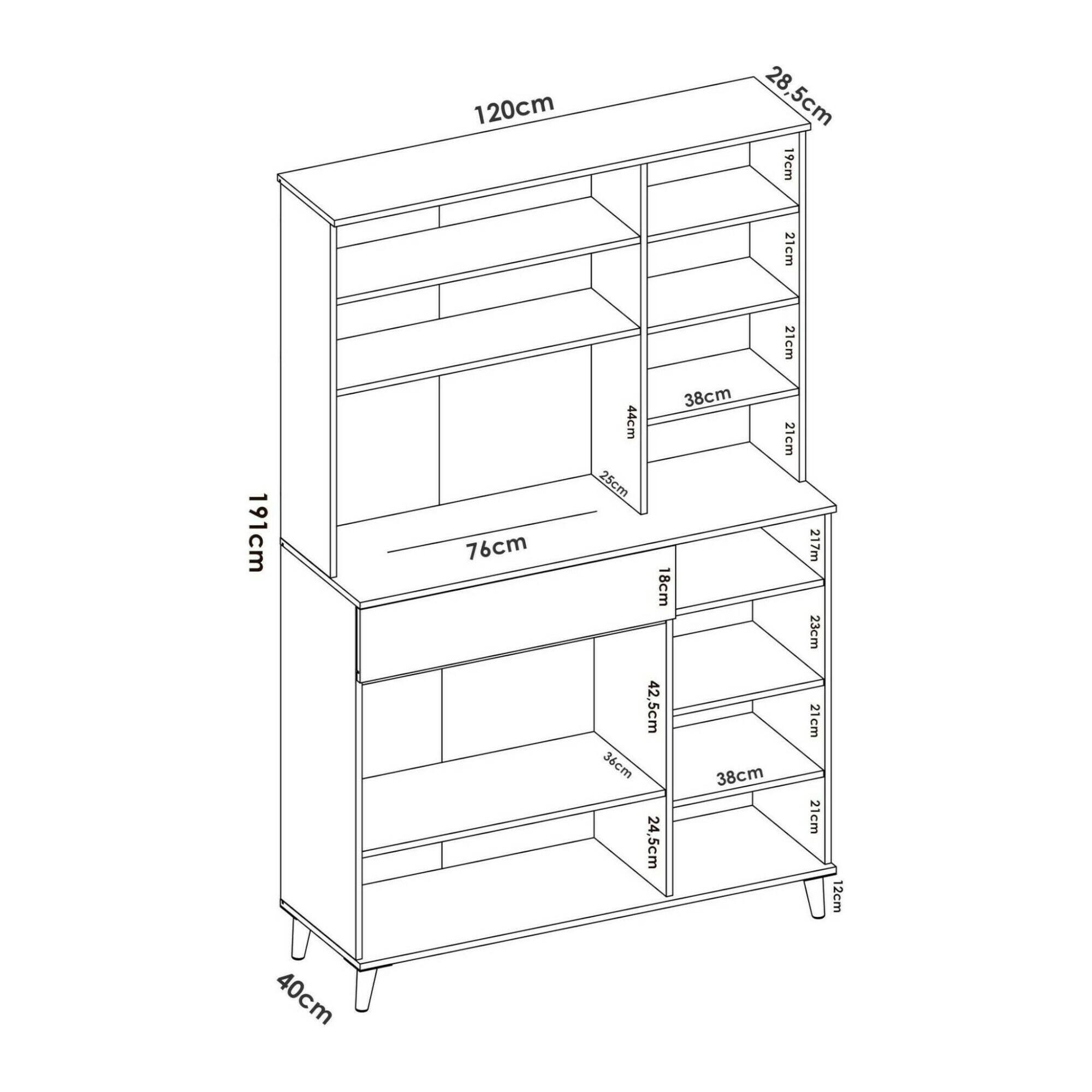 Credenza Sparavero, Buffet dispensa da soggiorno, Madia da salotto moderna a 4 ante, 120x40h191 cm, Bianco e Rovere