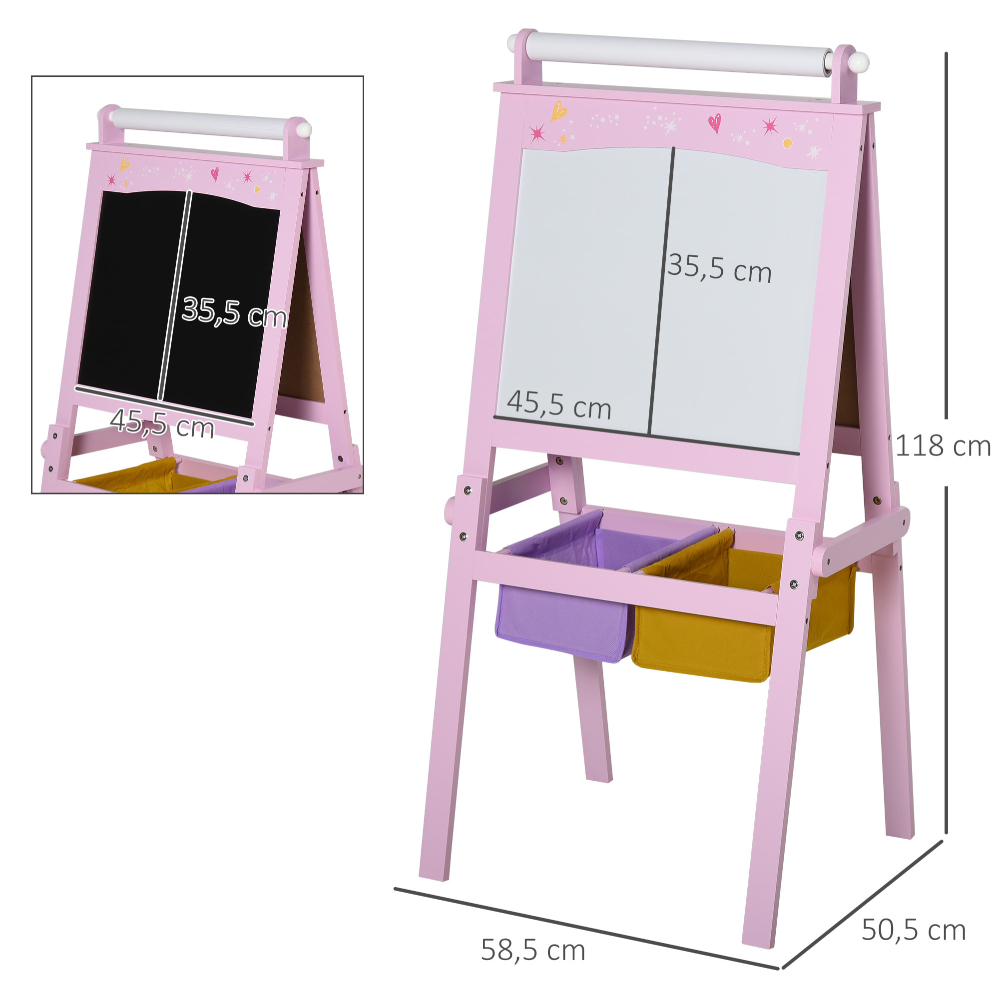 Pizarra Infantil Caballete 3 en 1 Pizarra de Doble Cara Caballete para Niños de +3 Años con Rollo de Papel y 2 Cestas de Almacenamiento 58,5x50,5x118 cm Rosa