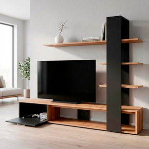 Parete Attrezzata Soggiorno Mobile Tv Ripiani Mensola Moderno Living Arredo Contemporaneo Contenitore Vani Salvaspazio 190x152x35 Cm Rovere E Nero