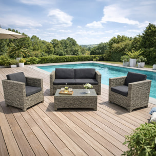 PALMANOVA Salon de jardin 4 places en résine tressée gris et noir