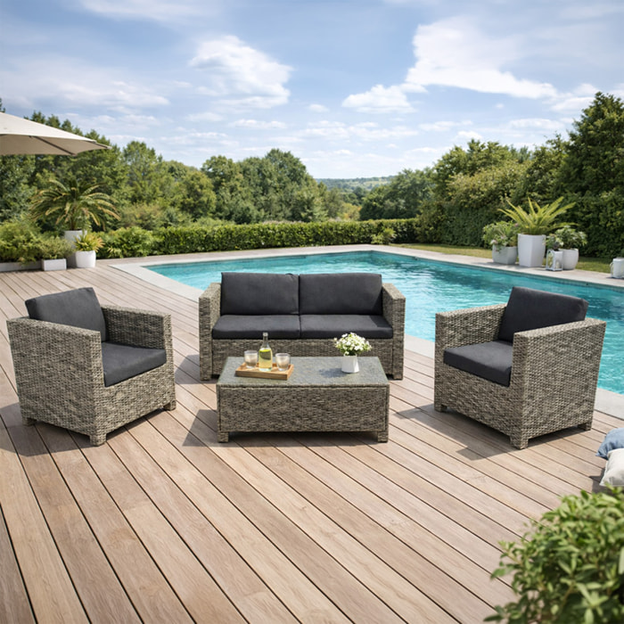 PALMANOVA Salon de jardin 4 places en résine tressée gris et noir
