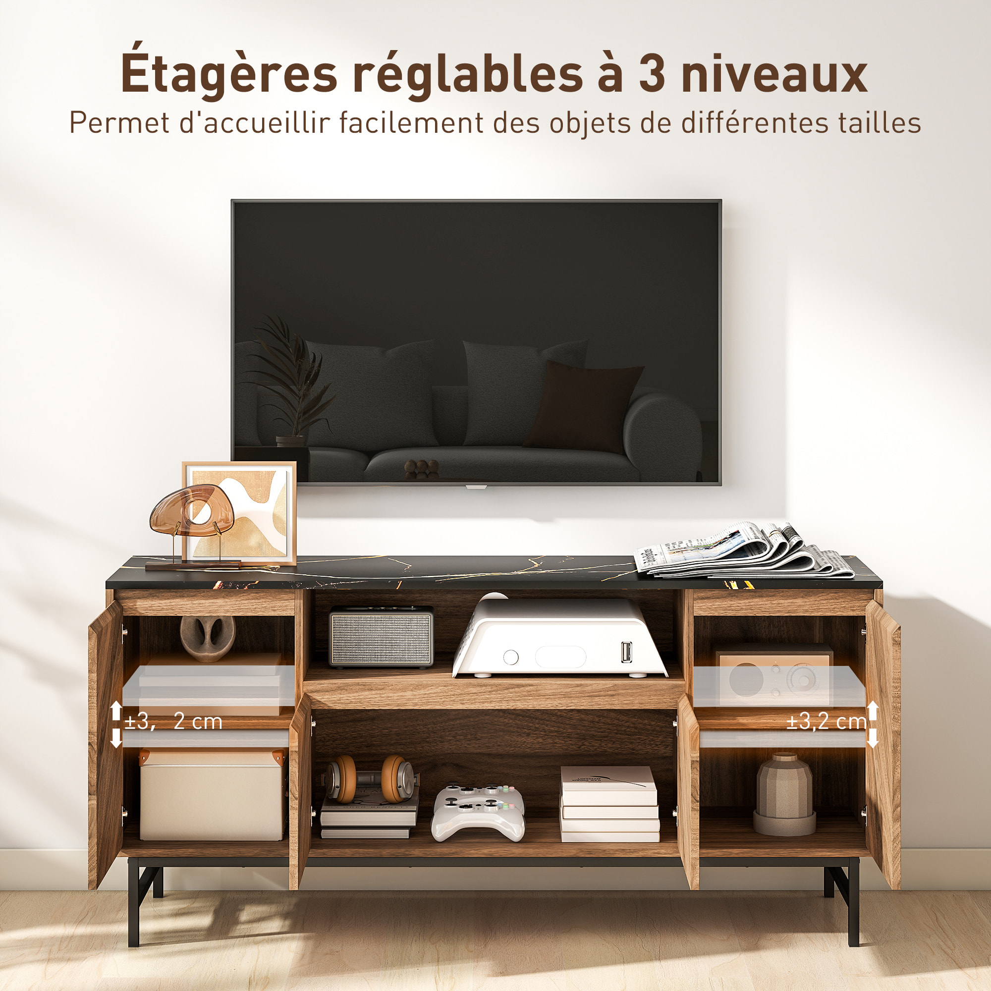 Meuble TV jusqu'à 65 pouces meuble télé aspect bois avec compartiment ouvert, portes, étagères réglables et passe-câbles, 140x39x66cm