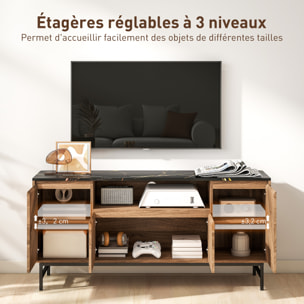 Meuble TV jusqu'à 65 pouces meuble télé aspect bois avec compartiment ouvert, portes, étagères réglables et passe-câbles, 140x39x66cm