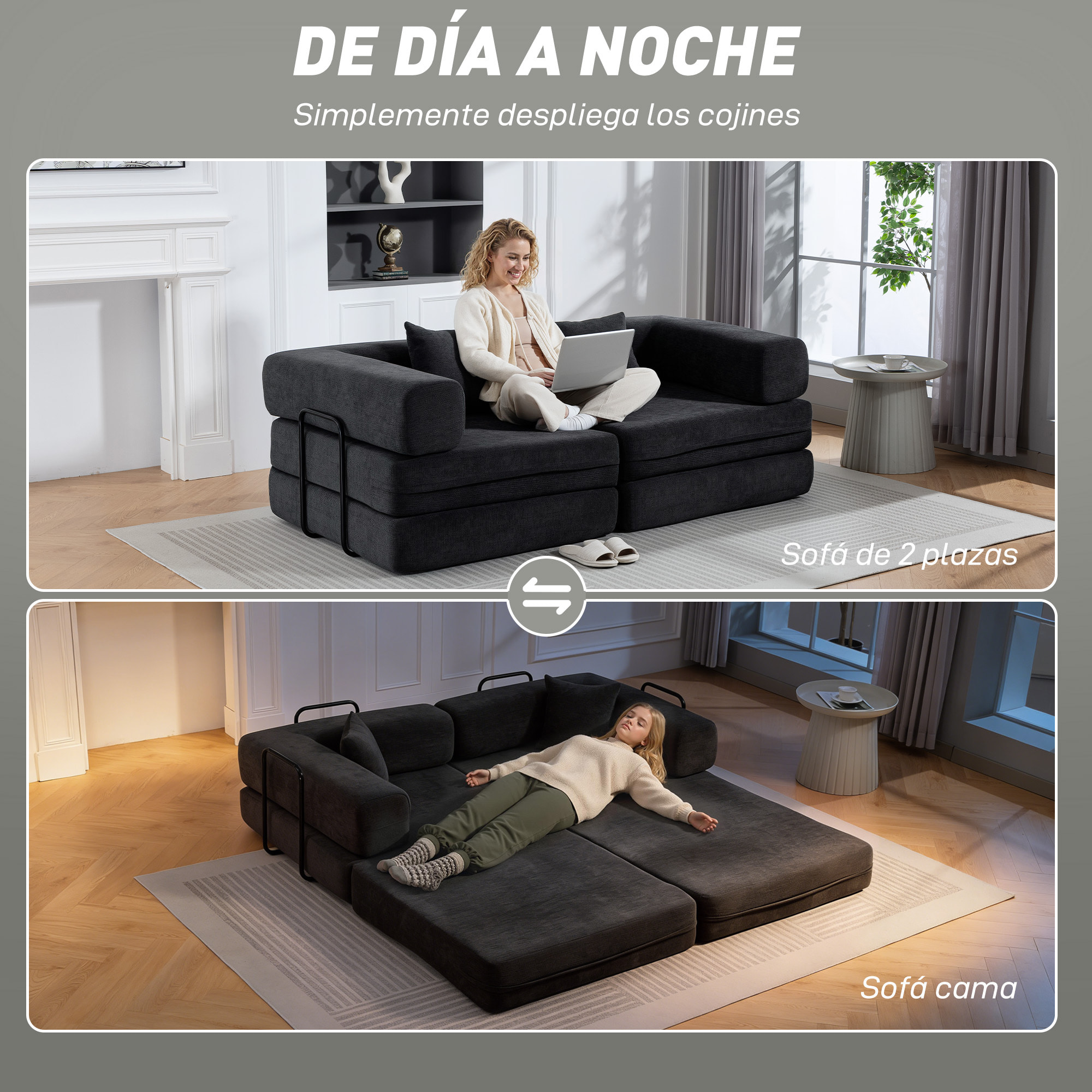 Sofá Cama de 2 Plazas Plegable, Sofá Cama, Tapizado en Chenilla, con 2 Almohadas, Reposabrazos Anchos, Acolchado Grueso, No Requiere Montaje, para Dormitorio, Salón, Gris Oscuro