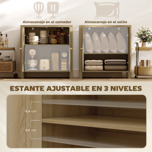 Aparador de Cocina con 2 Puertas de Ratán Sintético, Mueble Auxiliar de Cocina con Estante Ajustable y 2 Tiradores, Mueble de Buffet para Comedor, Salón, 75x38x77 cm, Madera Natural