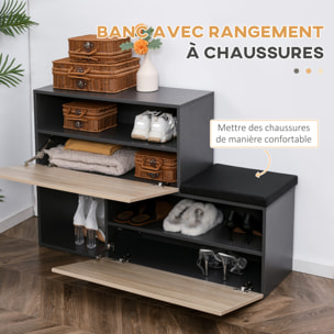 Ensemble de meubles d'entrée - organisateur d'entrée - meuble à chaussures banc 2 en 1, 4 patères, 2 étagères - noir aspect chêne clair