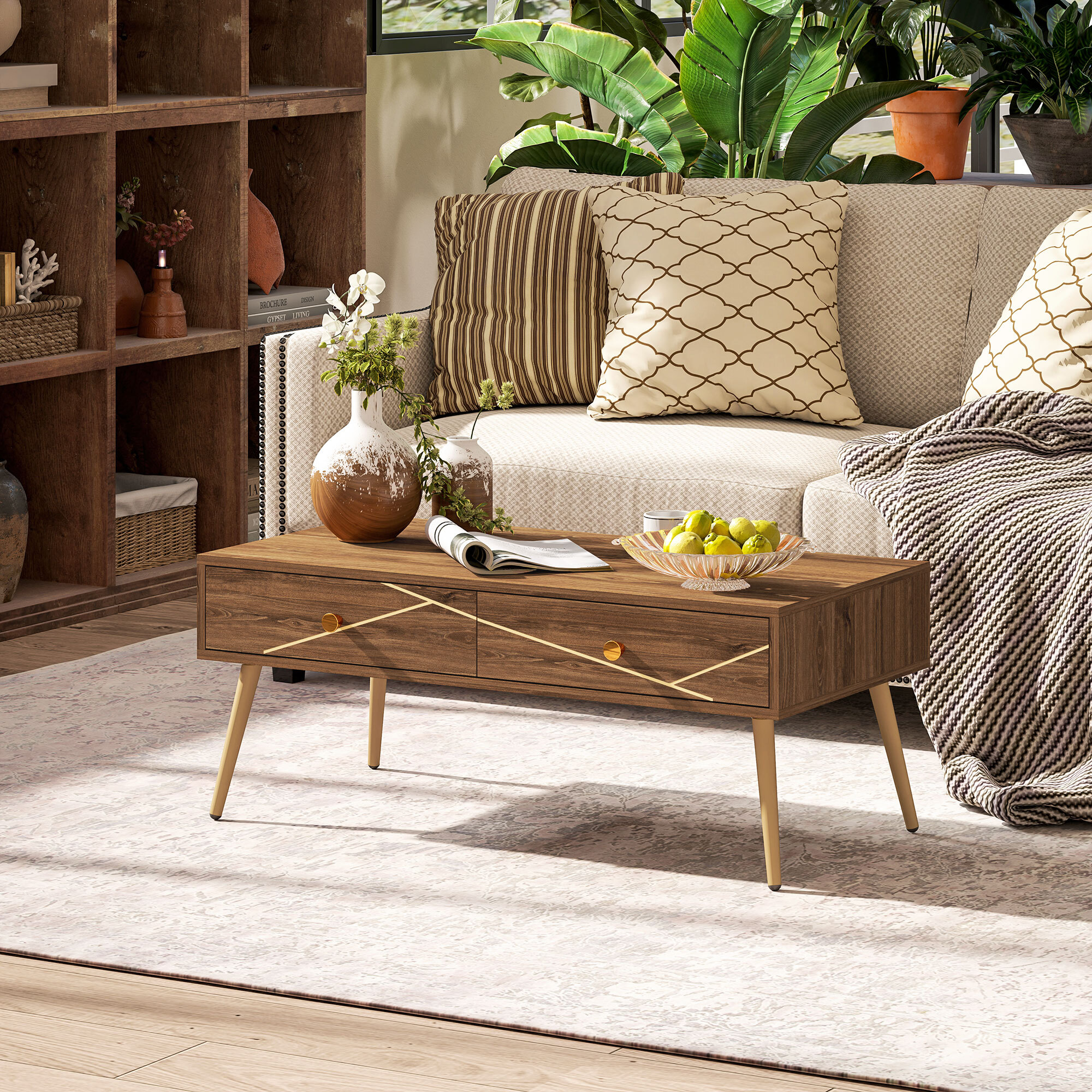 Mesa de Centro Mesa baja para Salón con 2 Cajones y Patas de Acero para Sala de Estar Dormitorio 100x50x41 cm Marrón