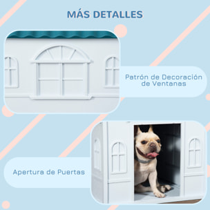 Caseta para Perros Medianos 65x75,7x63 cm, Casa para Perros con Patrón de Ventana, Techo de Tejas de Imitación, para Interior y Exterior, Azul Verdoso y Blanco