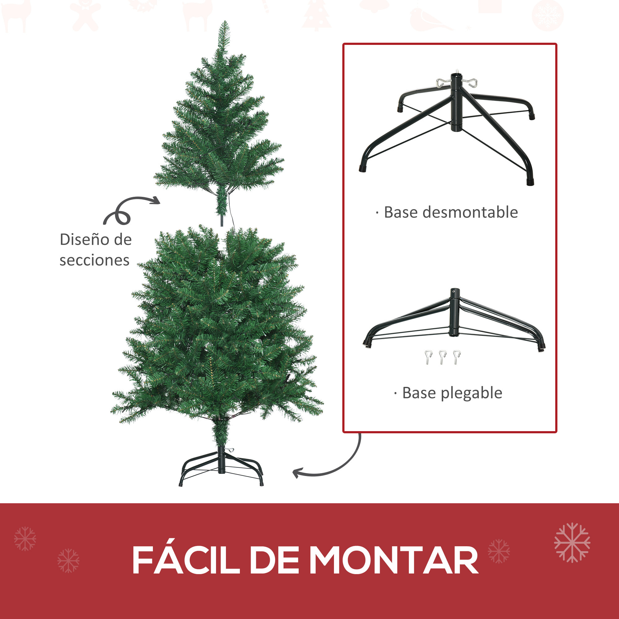 árbol de Navidad Artificial Altura 150 cm Ignífugo con 502 Ramas 150 Luces LED