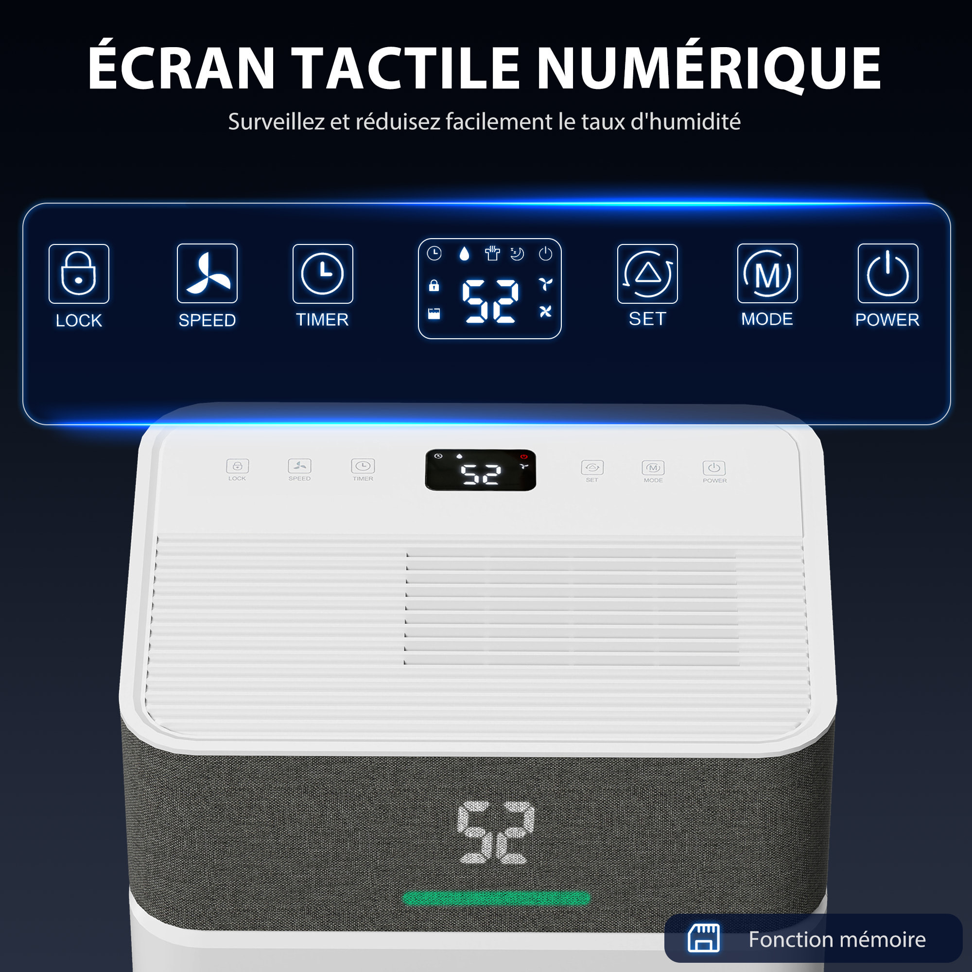 Déshumidificateur d'air 12L/jour mobile silencieux réservoir 2,1L timer 24H écran LED témoin d'humidité filtre lavable