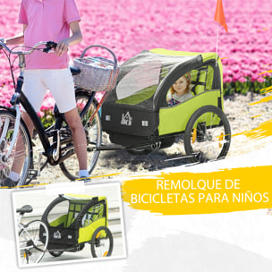 Remolque de Bicicleta para Niños +18 Meses Cochecito para Transporte de 2 Plazas con Cinturón de Seguridad Espacio de Almacenamiento y Sistema de Amortiguador 140x88x90 cm Verde