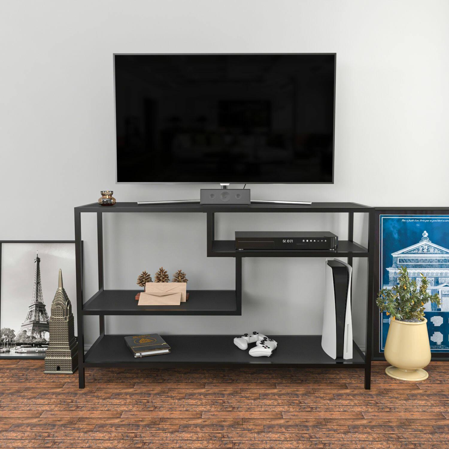 Mobile porta TV Dplizzar, Credenza da soggiorno, Armadio basso per TV, Base parete attrezzata, 120x39h75 cm, Antracite e Nero