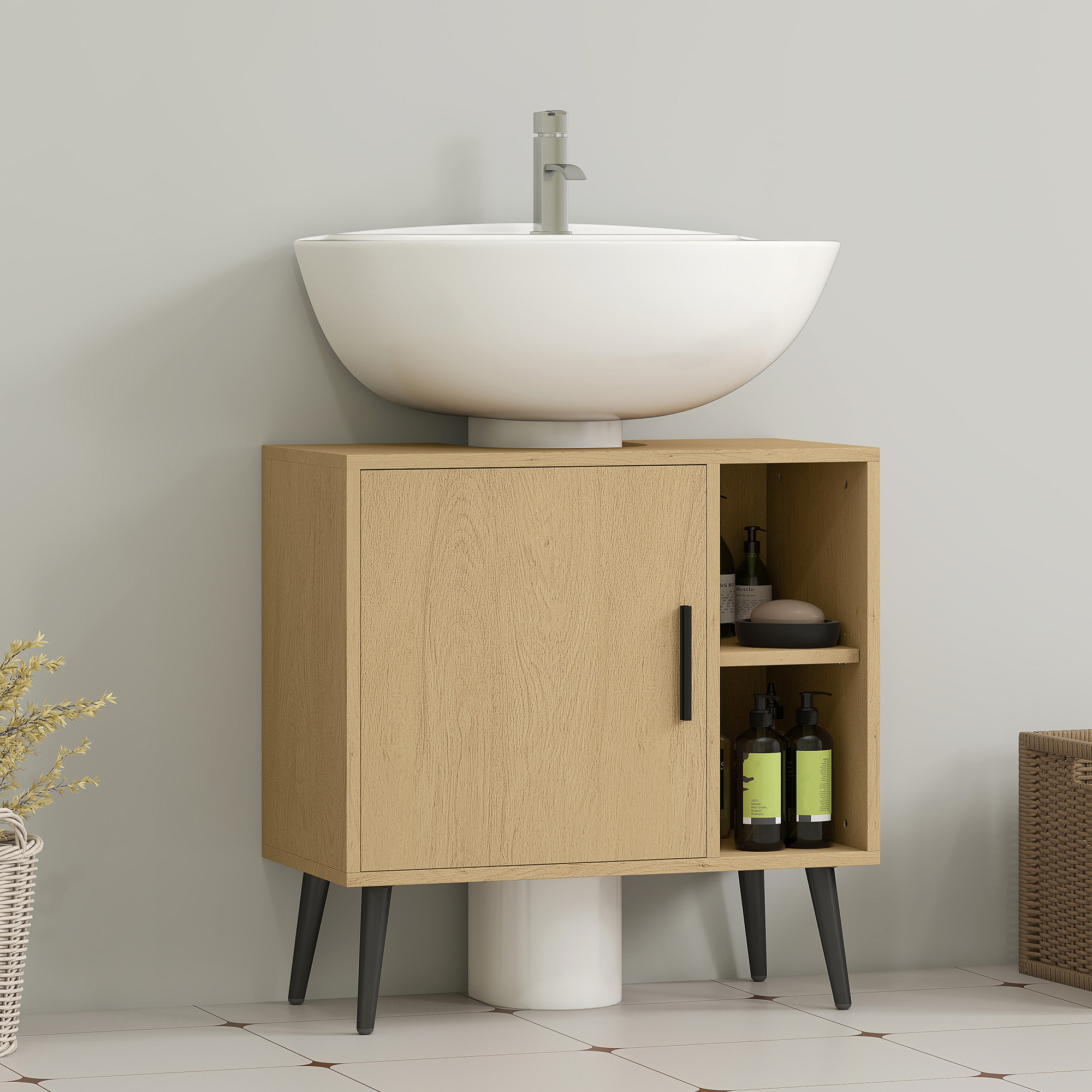 Meuble sous vasque style nordique dim. 60 x 30 x 59,5 cm - porte, 2 niches - piètement métal noir effet bois clair