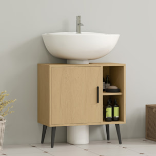 Meuble sous vasque style nordique dim. 60 x 30 x 59,5 cm - porte, 2 niches - piètement métal noir effet bois clair