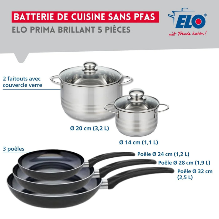 Ensemble de 3 Poêles de cuisson 24, 28 et 32 cm et 2 faitouts 14 et 20 cm Elo Prima Brillant