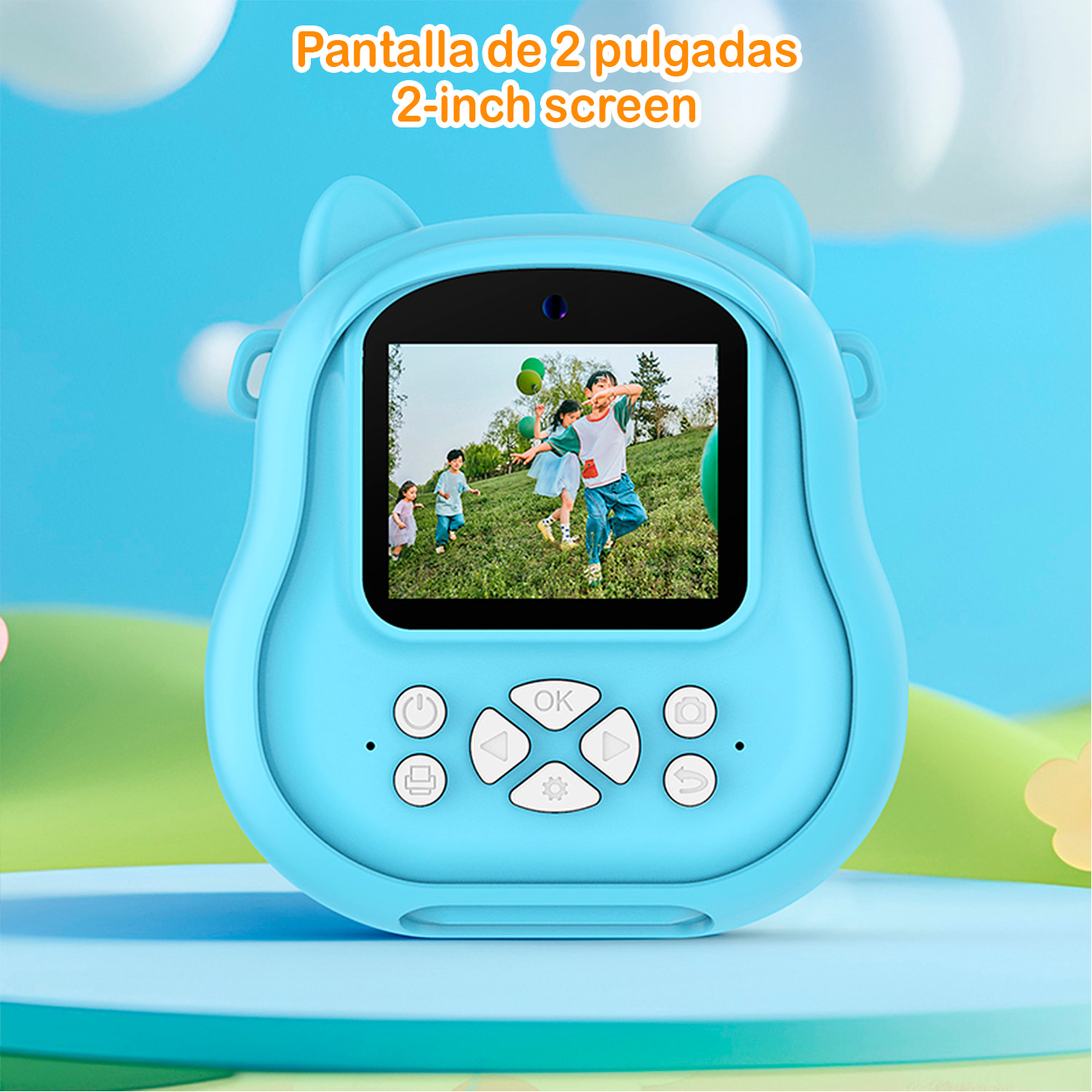 Cámara infantil de 50MP, video de 1080p, camara dual, pantalla de 2" y zoom digital 16x. Con impresión instantánea. Diseño gato.