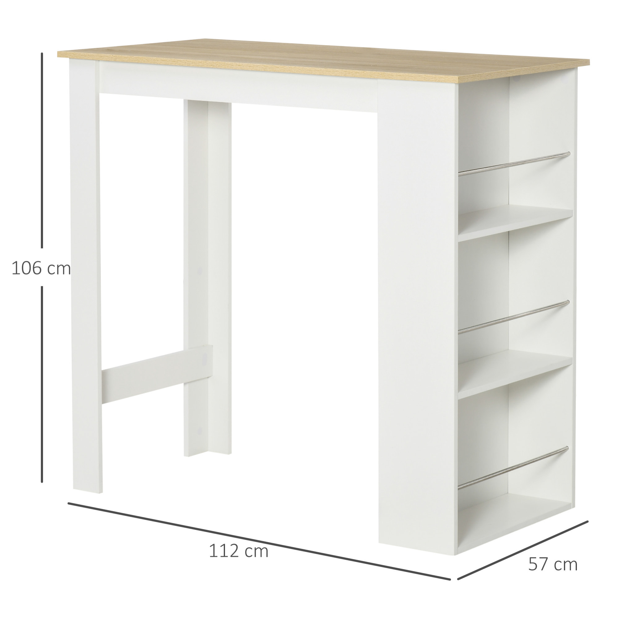 Mesa de Bar Mesa de Bistró Mesa de Comedor Mesa Alta con 3 Estantes Laterales y Estructura de Madera Carga 50 kg 112x57x106 cm Blanco