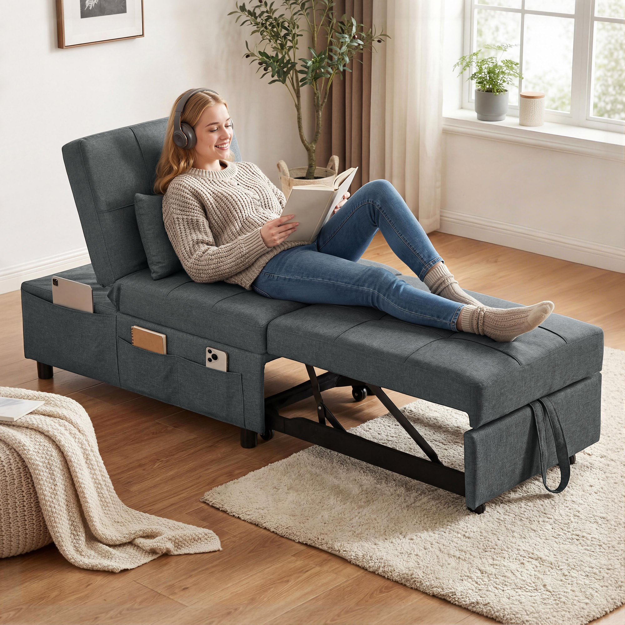 Chauffeuse fauteuil convertible inclinable réglable tissu effet capitonné gris