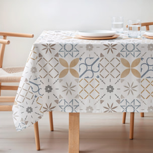 Mantel estampado antimanchas TILE OCRE-BLUE