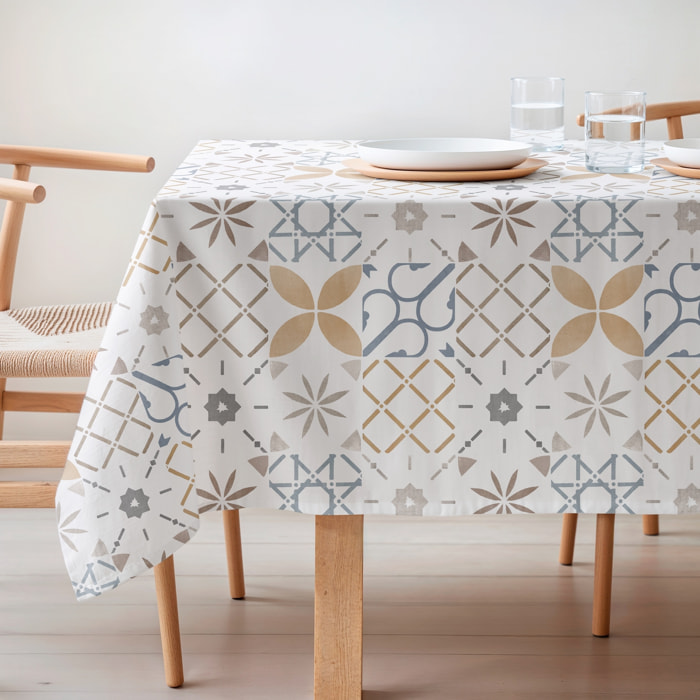 Mantel estampado antimanchas TILE OCRE-BLUE