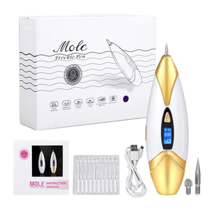 Bolígrafo eléctrico para eliminar imperfecciones de la piel ( lunares, manchas, berrugas, pecas, etc.). Con batería recargable y 9 niveles de intensidad. Incluye 10 agujas finas y 1 gruesa.