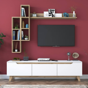 Parete attrezzata Dleonard, Composizione soggiorno, Mobile salotto multiuso, Armadio porta TV, 180x35h49 cm, Bianco e Rovere