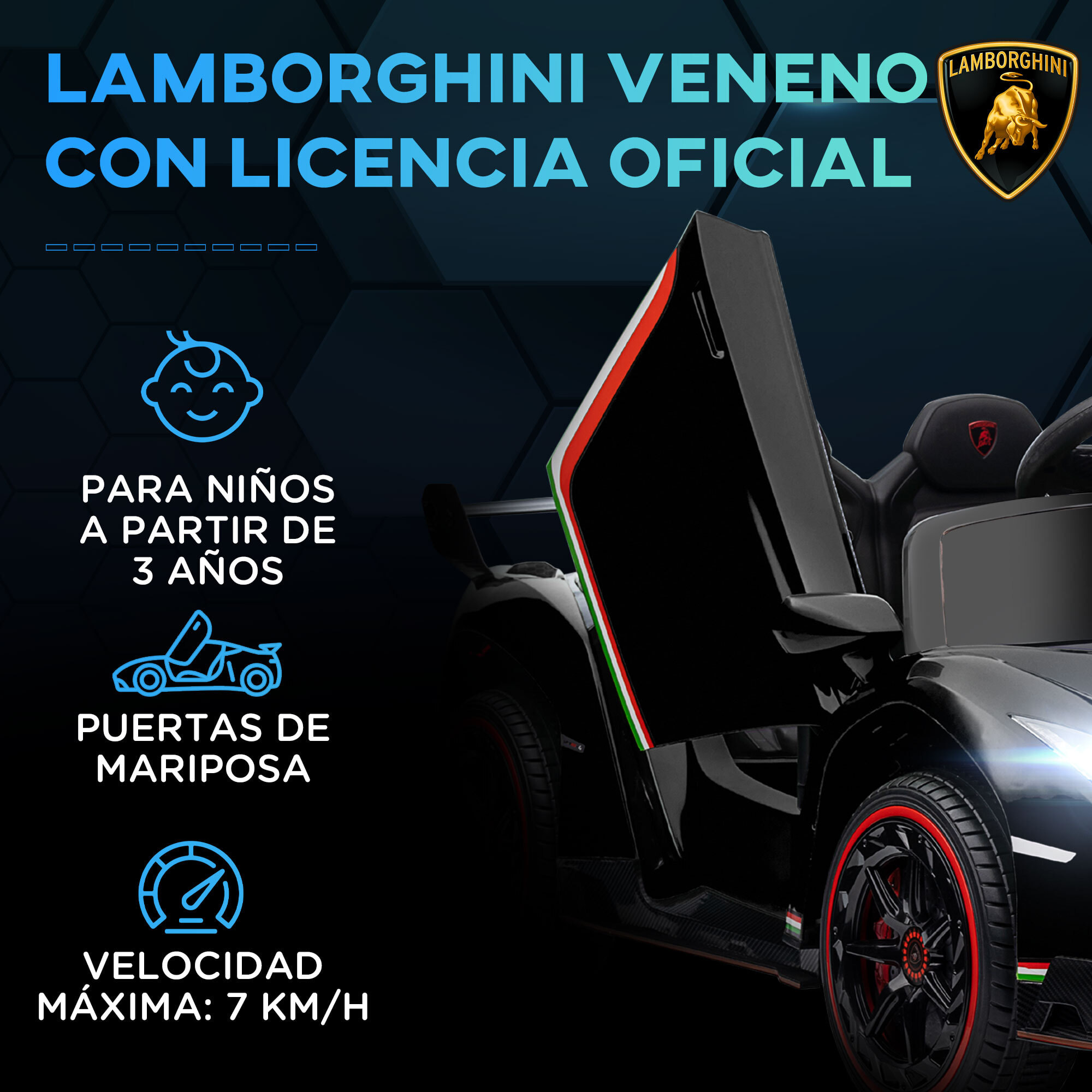 Coche Eléctrico Lamborghini para Niños de 3 a 6 Años Coche de Batería 12V Velocidad Max.7 km/h Puerta de Tijera con Control Remoto MP3 Luces y Cinturón de Seguridad 111x61x45 cm Negro