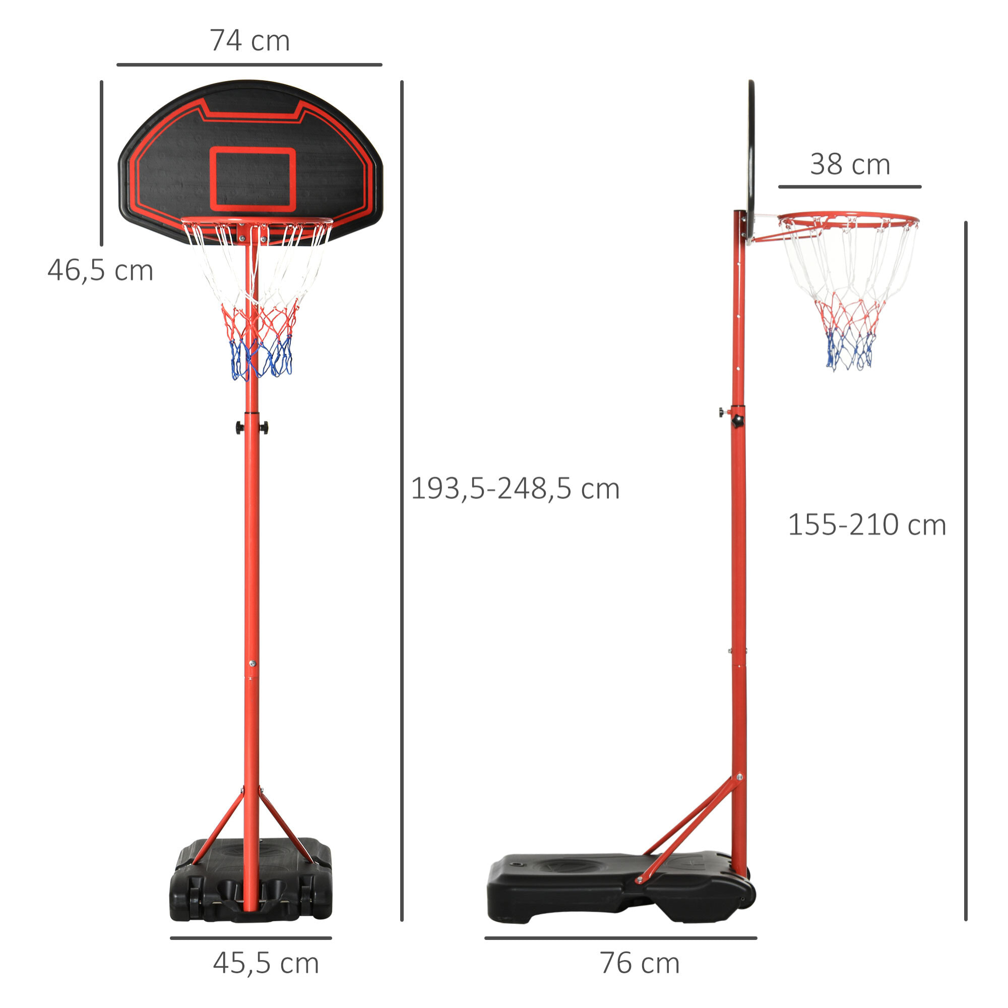 Panier de Basket-Ball sur pied avec poteau panneau, base de lestage sur roulettes hauteur réglable 1,55 - 2,1 m rouge noir