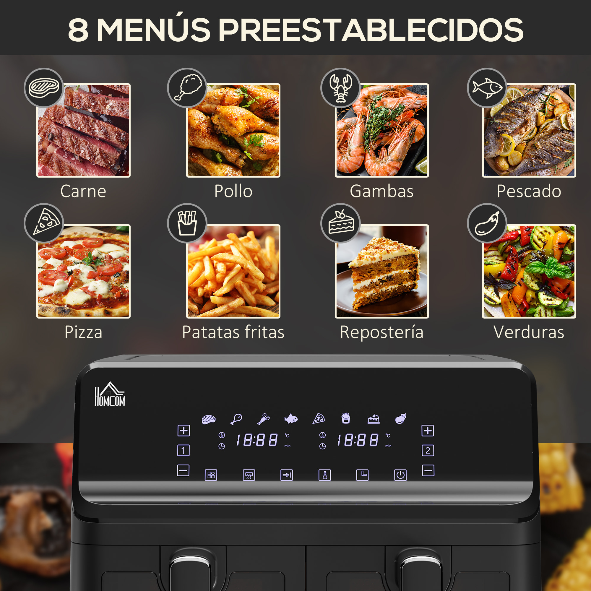 Freidora sin Aceite Doble 8L Freidora de Aire Caliente 2500W con 8 Programas Pantalla LED Táctil Temperatura Ajustable 80-200„ƒ Temporizador y Cesta Antiadherente 38,5x38x30,5 cm Negro