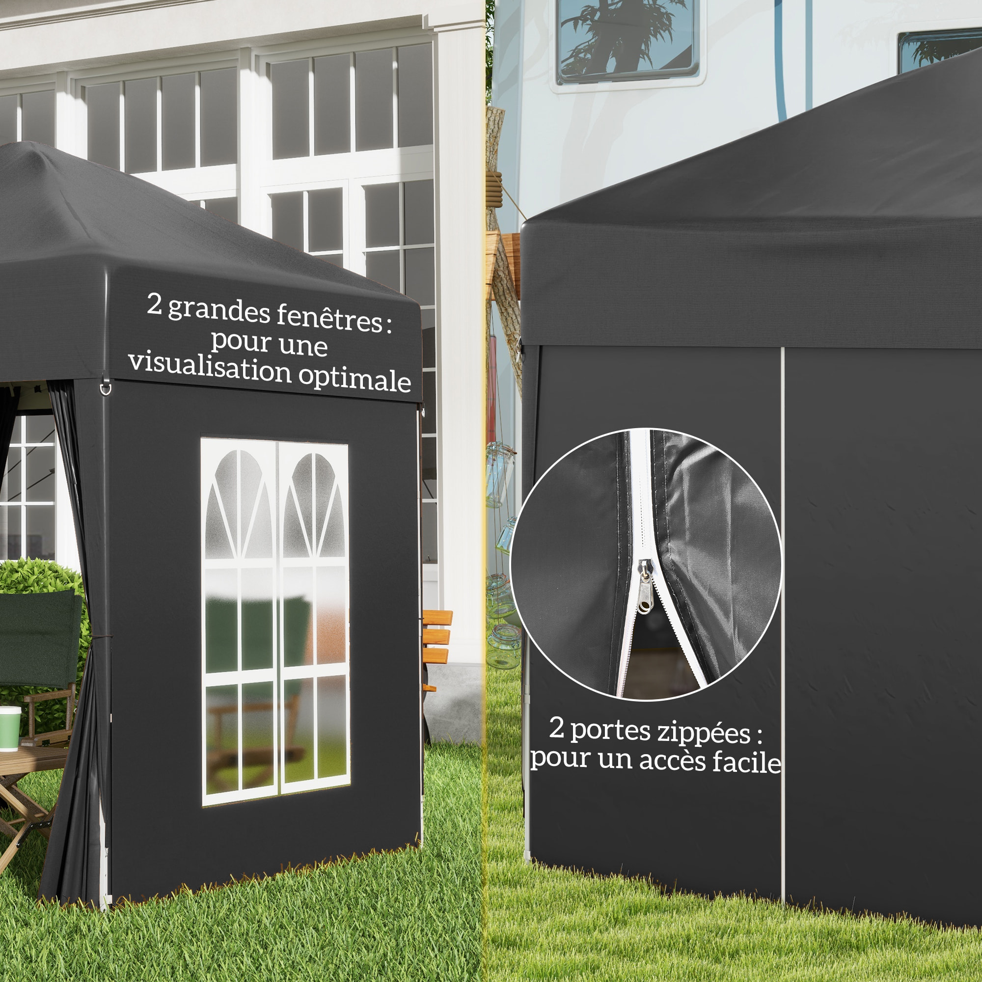 Tonnelle de jardin tente pliante barnum pop-up 2 x 2 m 4 parois latérales amovibles 2 fenêtres sac de transport noir