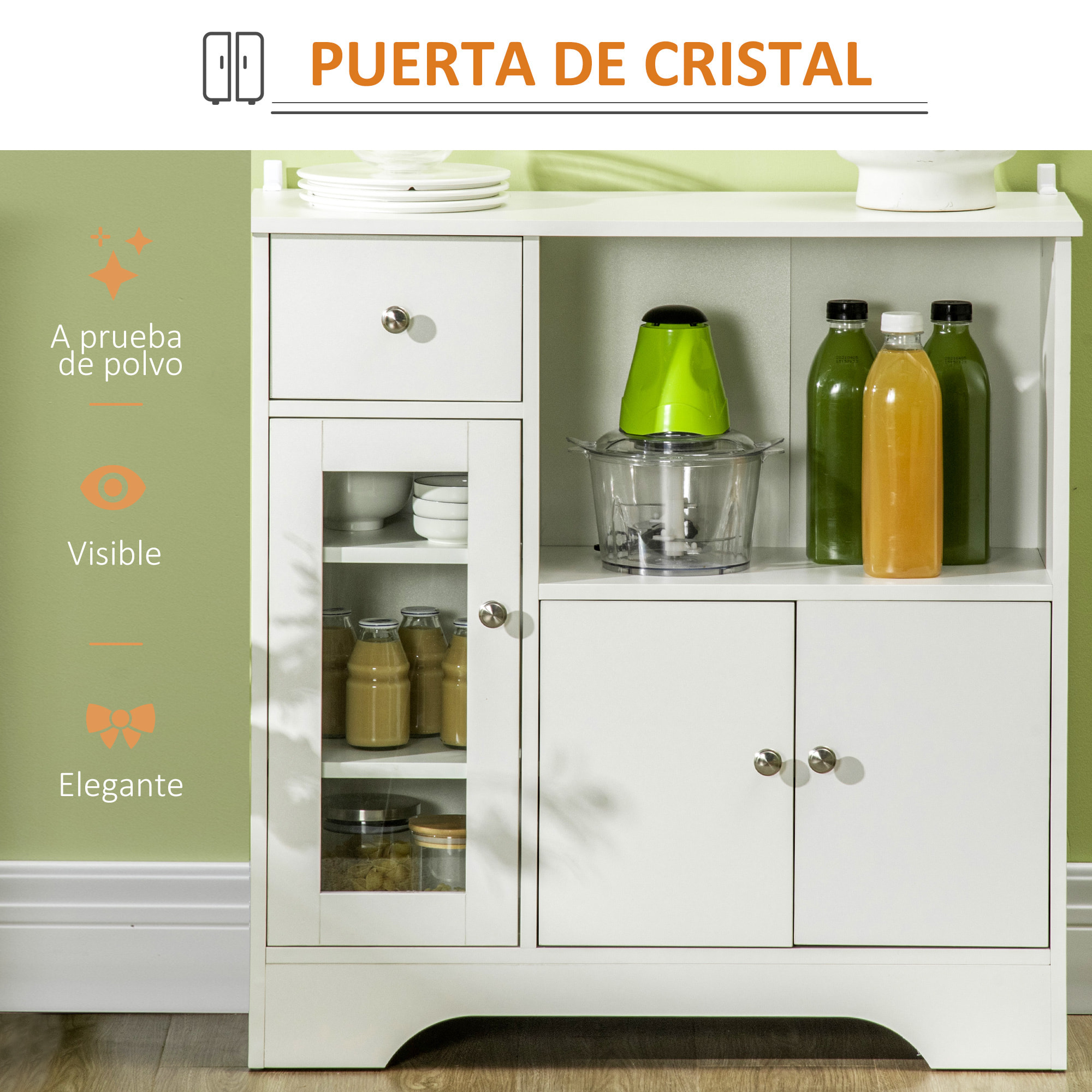 HOMCOM Aparador de Cocina Moderno con Puerta de Vidrio Cajón Estante Abierto y Baldas Ajustables Mueble Auxiliar de Almacenaje para Comedor Salón 80x30x82 cm Blanco