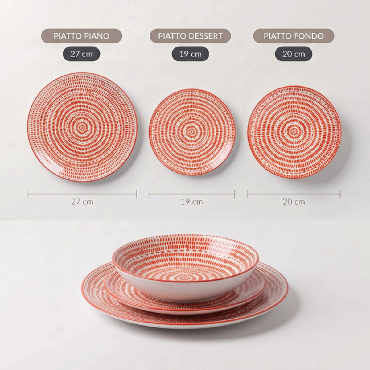 Servizio piatti 18 pezzi decoro concentrico in porcellana - Arancione